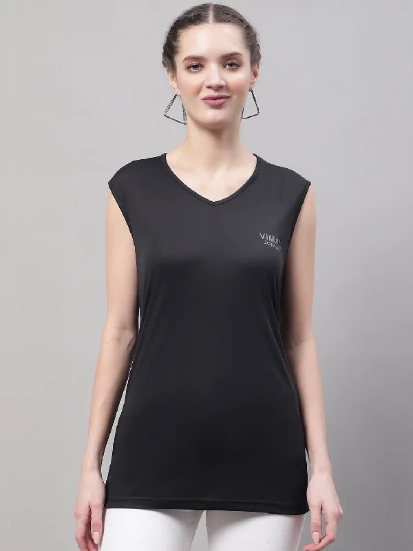 Don't Wait Vimal Jonney Regular Fit Dryfit Lycra Solid Black Gym Vest for Women
