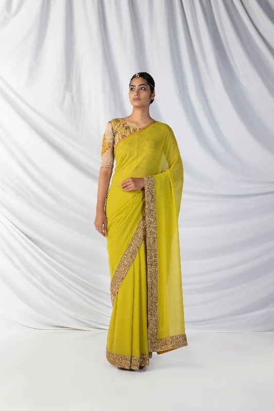 Bargain Blast Niloufer Saree And Blouse Set In Chartreuse Green And Dull Gold