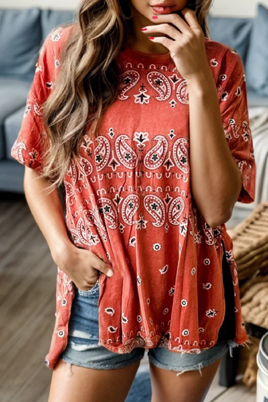 Deal Mania Printed Slit Dropped Shoulder T-Shirt
