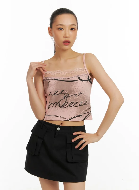 Exclusive Savings Lace Graphic Crop Cami Top IA417