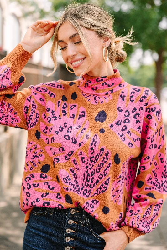 Big Savings Fate: Dance Around It Camel Brown Mixed Print Sweater