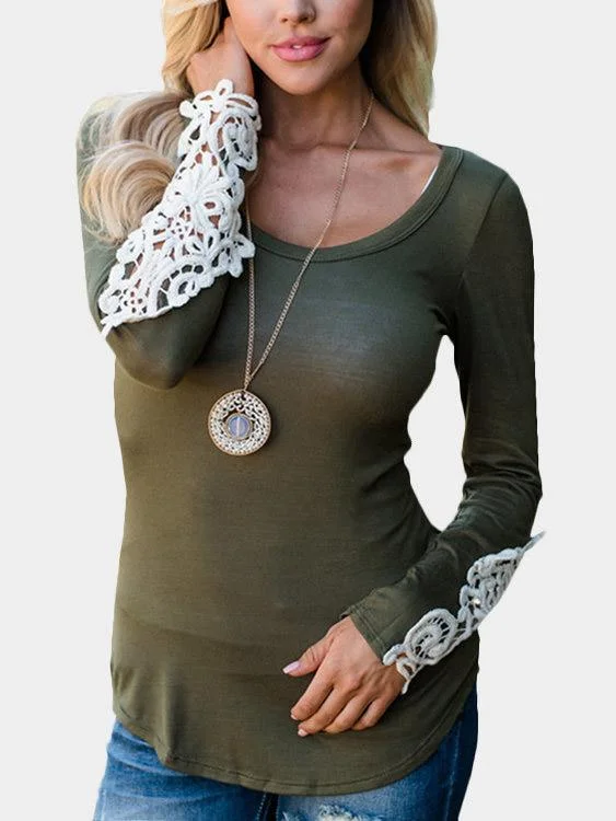 Limited Supply OEM ODM Scoop Neck Lace Long Sleeve Green T-Shirts