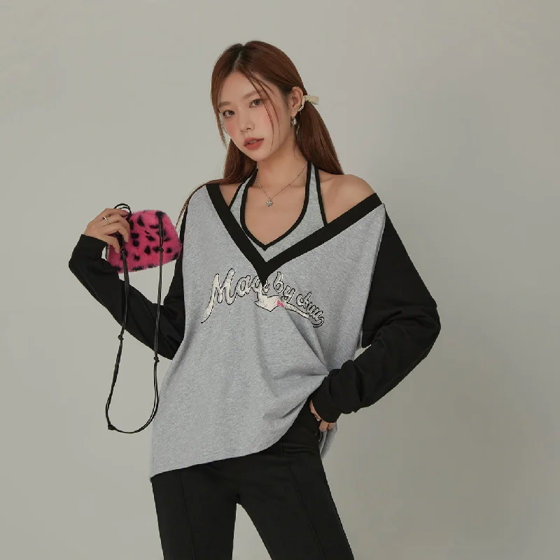 Take Advantage Letter Printed V-Neck Halter Layered Loosefit Sweatshirt